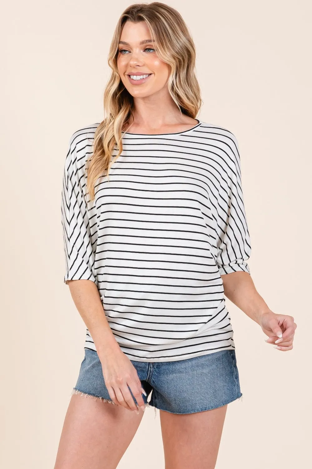 BOMBOM Striped Boat Neck Dolman Sleeve Top