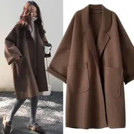 Bonnyshow Elegant Woolen Trench Coat Winter for Women Vintage Windbreakers Jacket Mid-Length Loose Turn-Down Collar Plus Size 4XL Cardigan