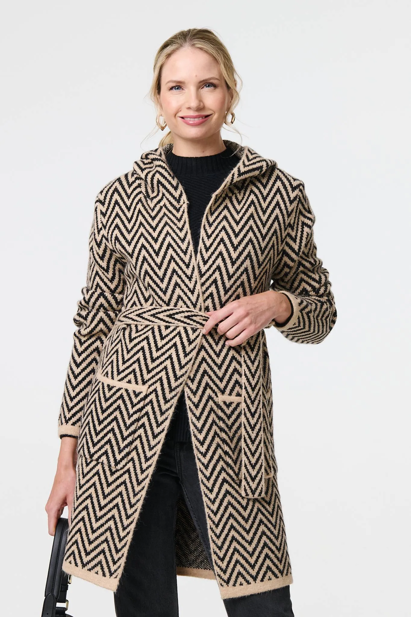 Chevron Print Tie Waist Hooded Coatigan