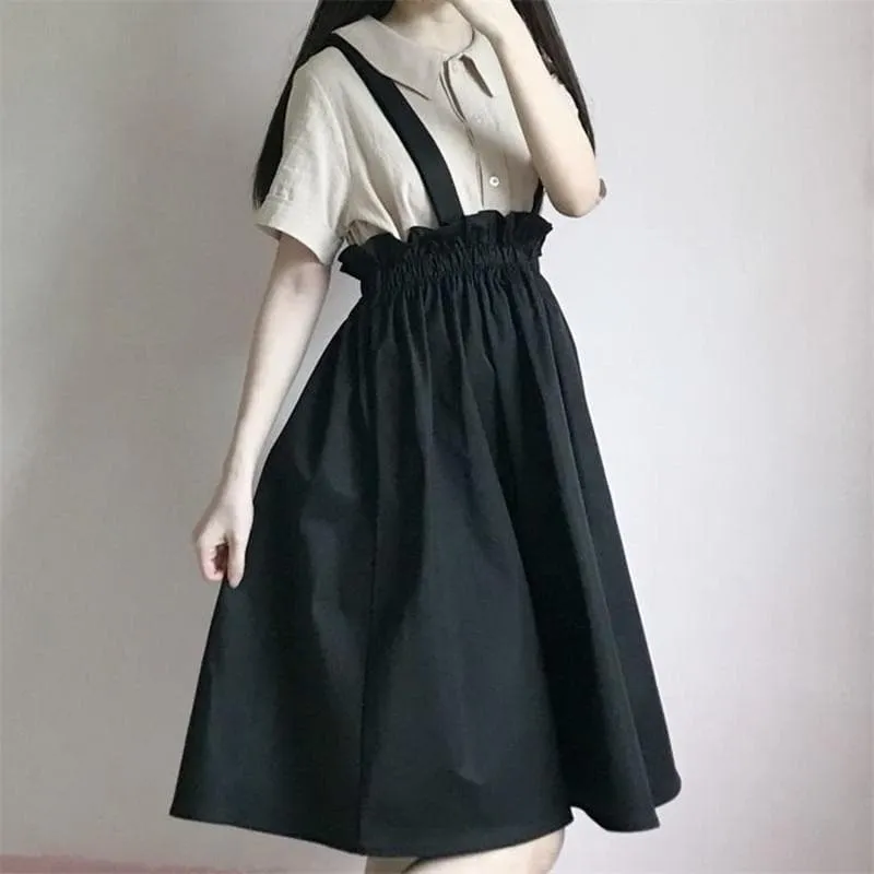 High-Waist Paperbag Skirt With Suspenders