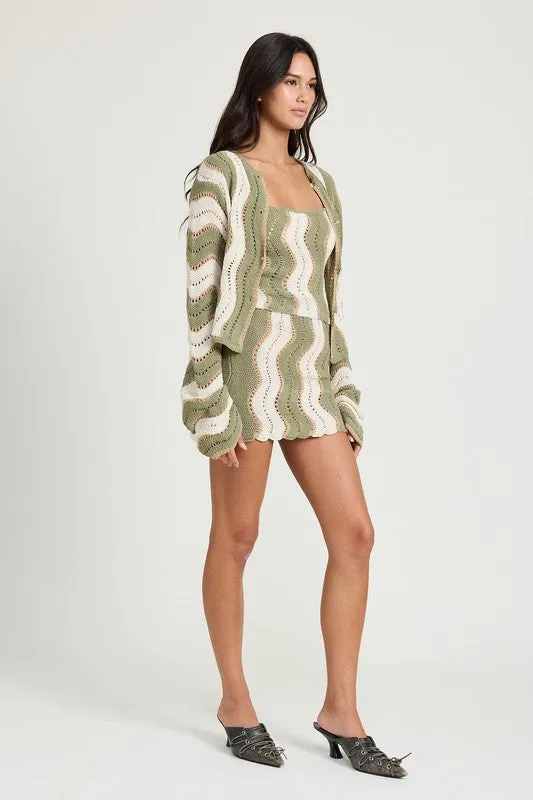 Hot Girl Calabasas Crochet Bell Sleeve Striped Cardigan In Sage