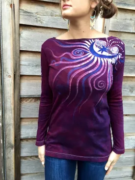 Maroon Shoulder Moon Long Sleeve Batik Top