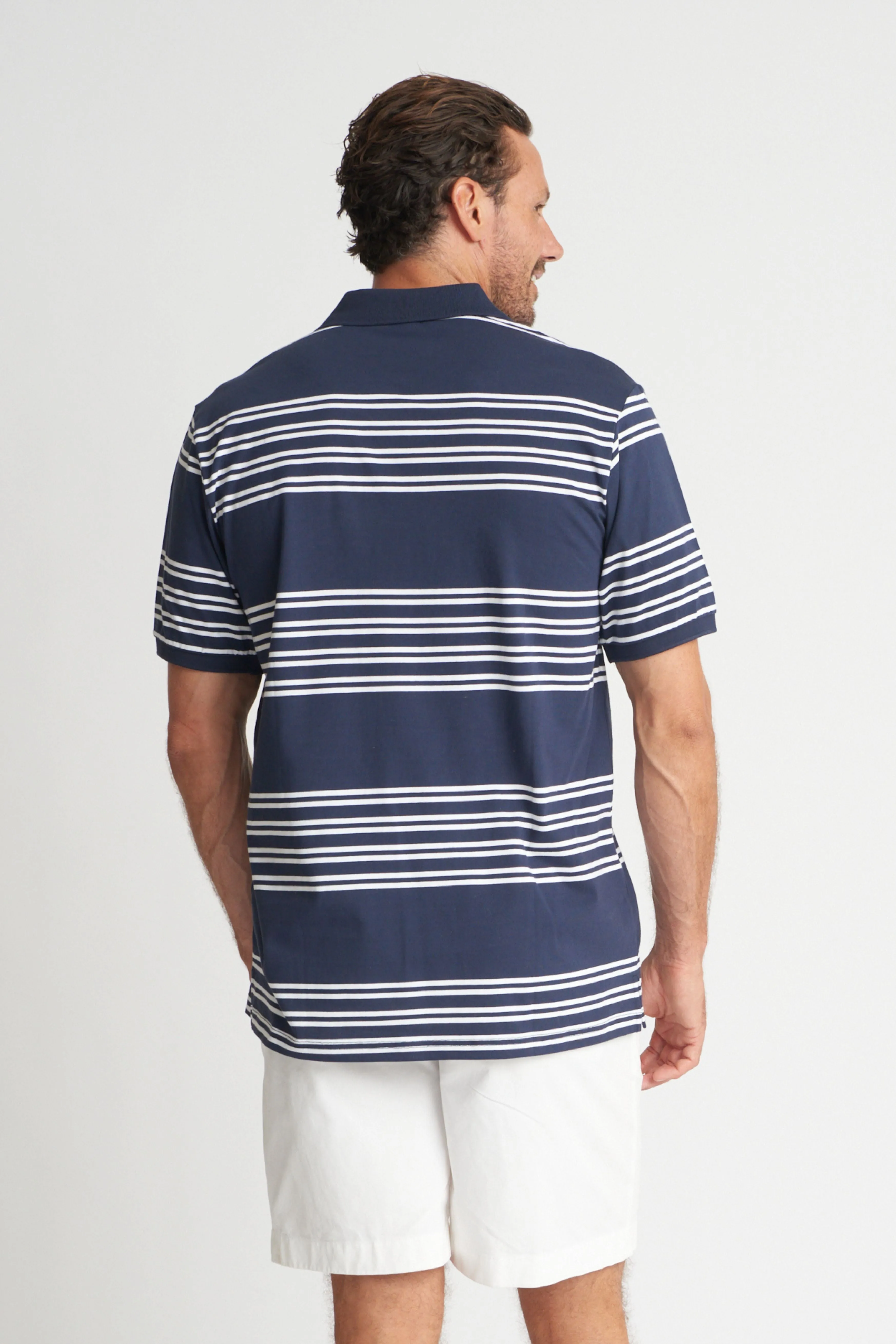 Mens Cotton Stripe Polo Navy/White