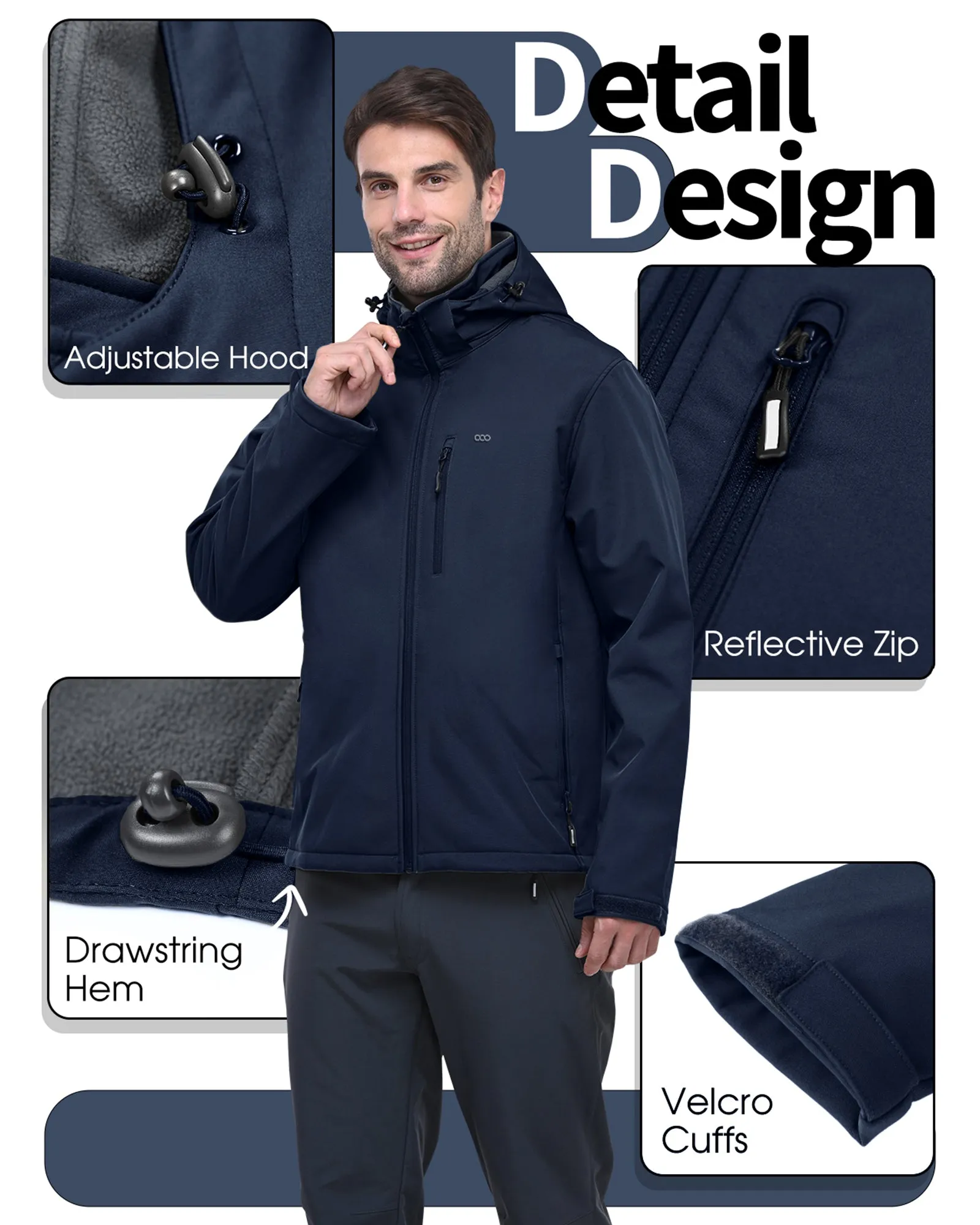 Men's Softshell Jacket with Hood Fleece Lined Windbreaker Lightweight Waterproof Jackets for Hiking