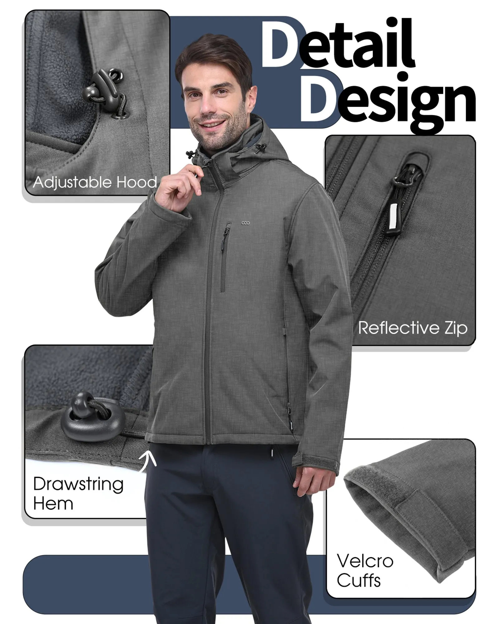 Men's Softshell Jacket with Hood Fleece Lined Windbreaker Lightweight Waterproof Jackets for Hiking