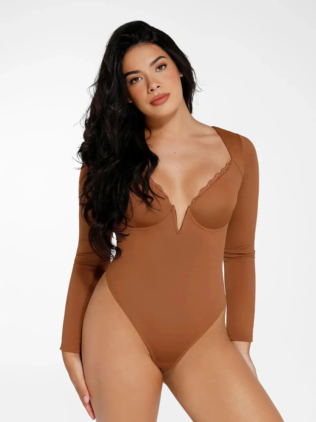 Shapewear Long Sleeve Lace Trim V-Neck Slimming Bodysuit