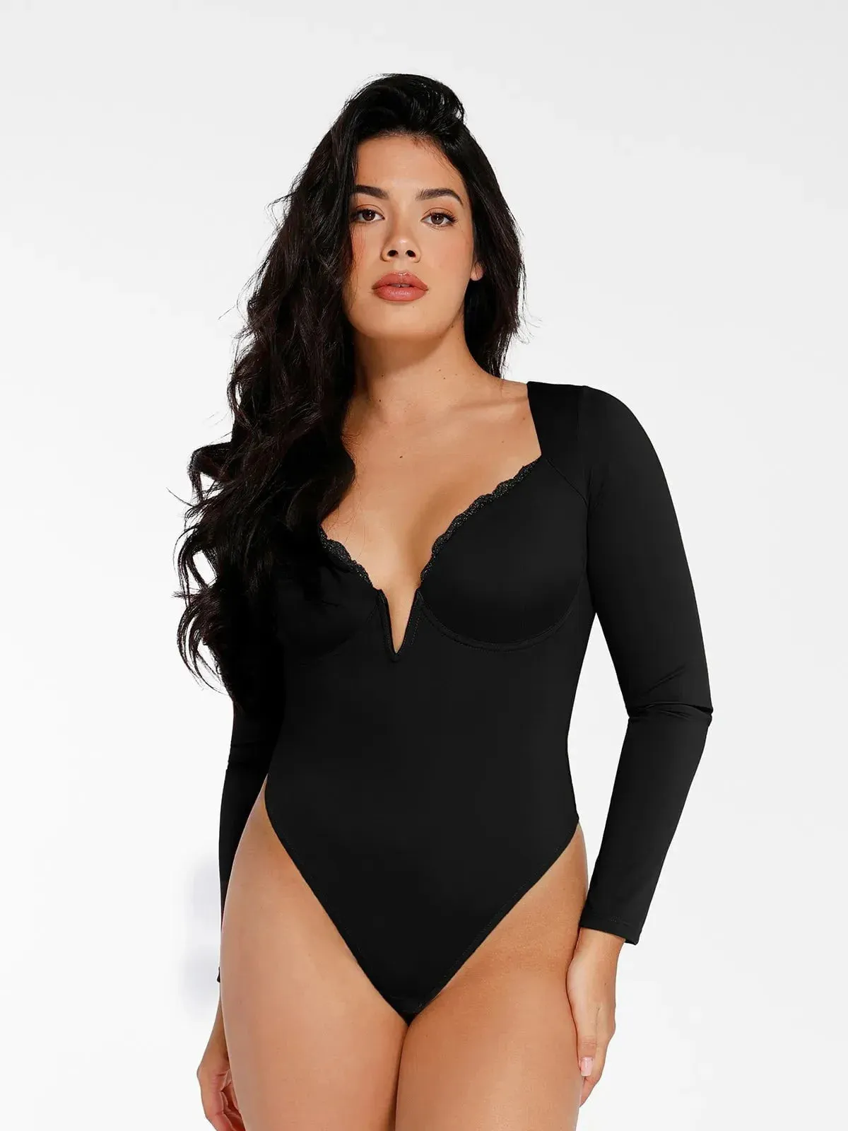 Shapewear Long Sleeve Lace Trim V-Neck Slimming Bodysuit