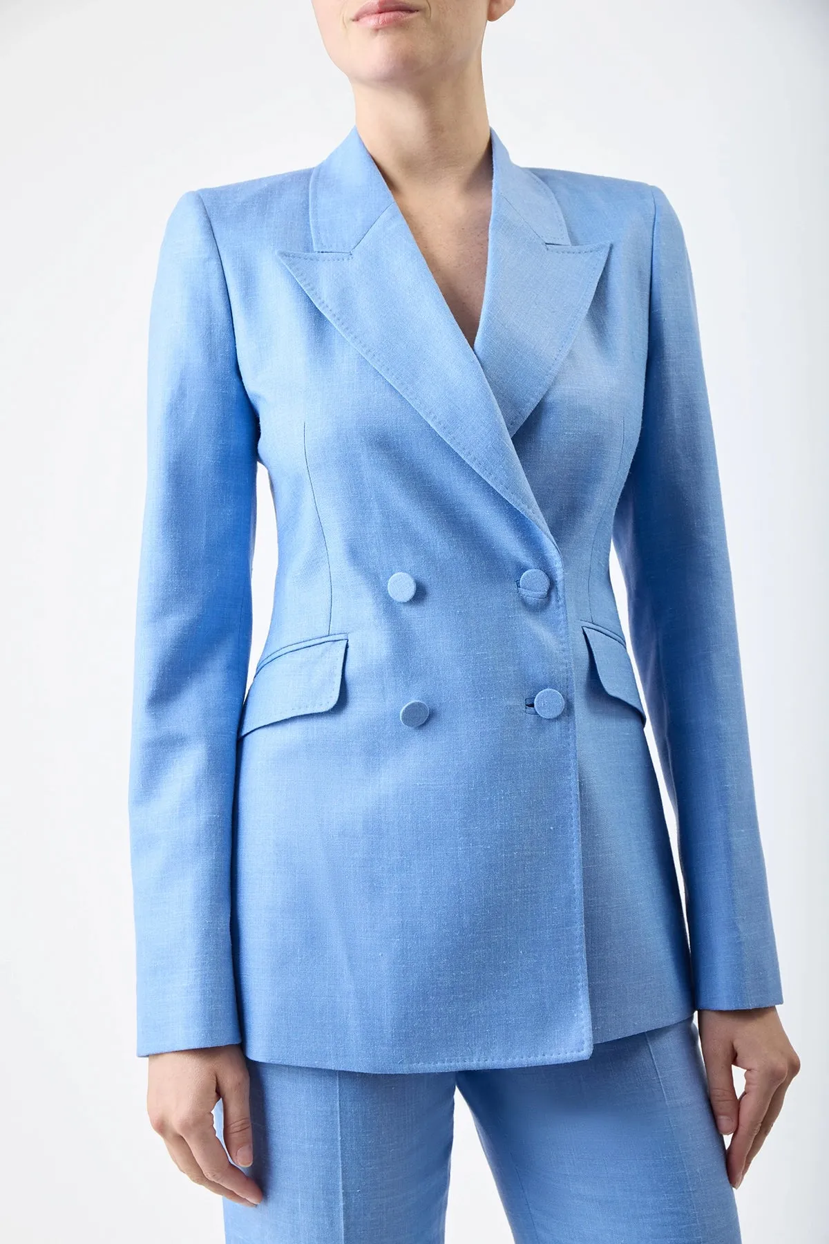 Stephanie Blazer in Light Blue Virgin Wool and Silk Linen Twill