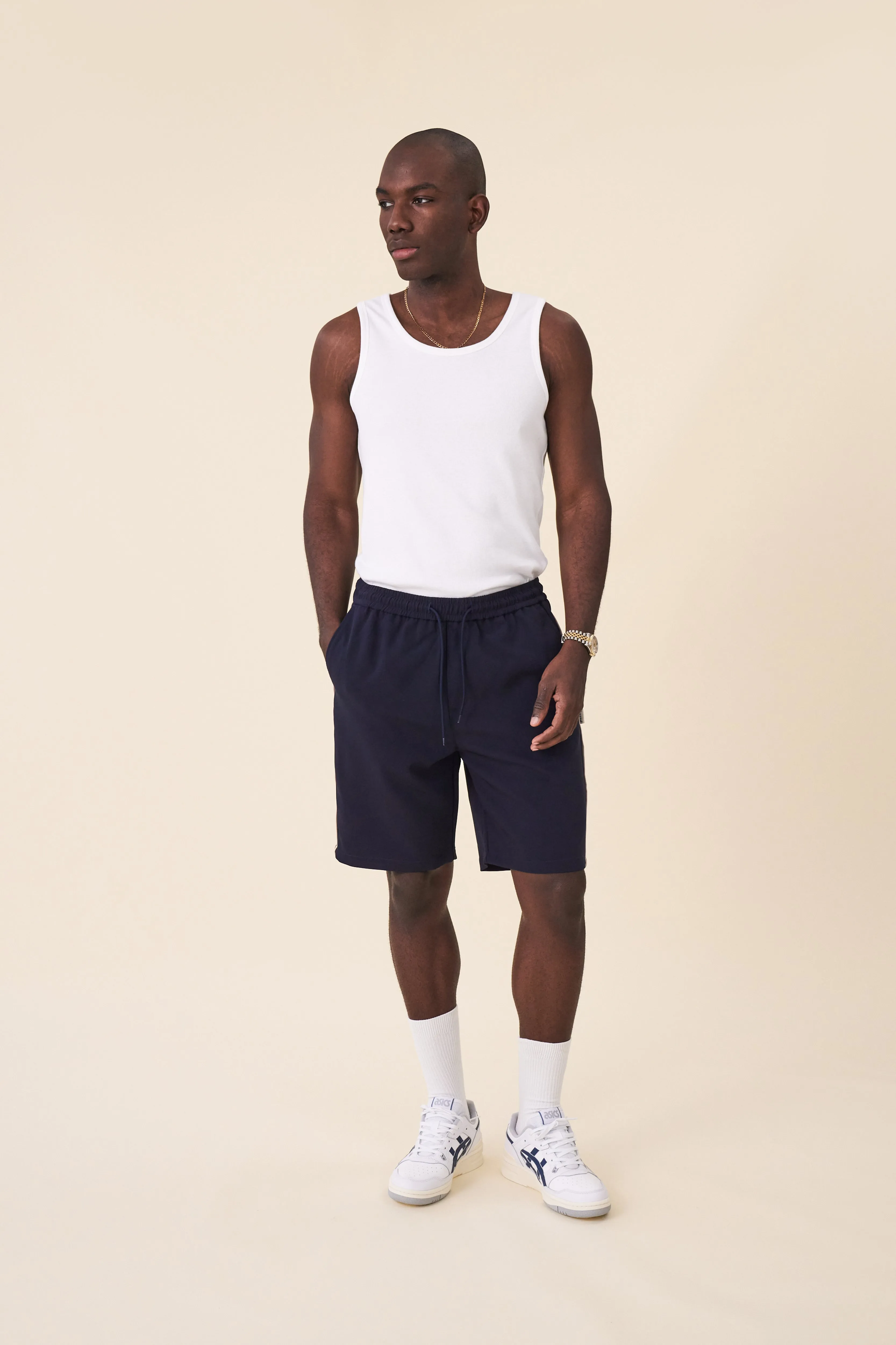 STRIPE TRACK SHORTS - NAVY / ECRU