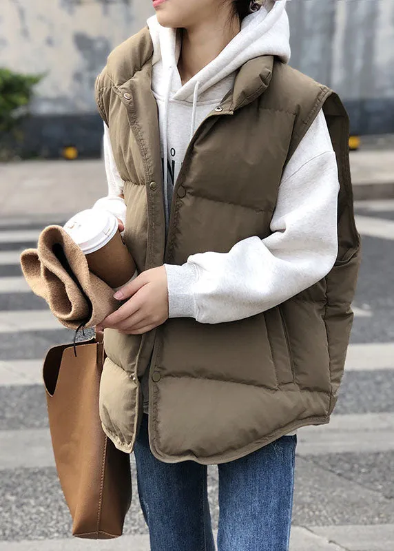 Women Khaki Casual Stand Collar Thick Winter Sleeveless Puffer Vest