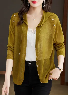 Women Matcha Colour Drawstring Solid Hooded Ice Size Knit Cardigans Long Sleeve