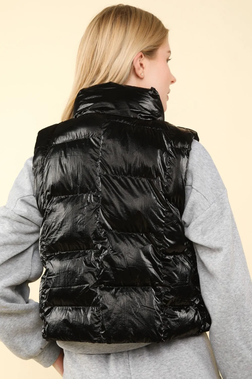 Women's Black Shiny Metallic Zip Up Puffer Vest with Pockets